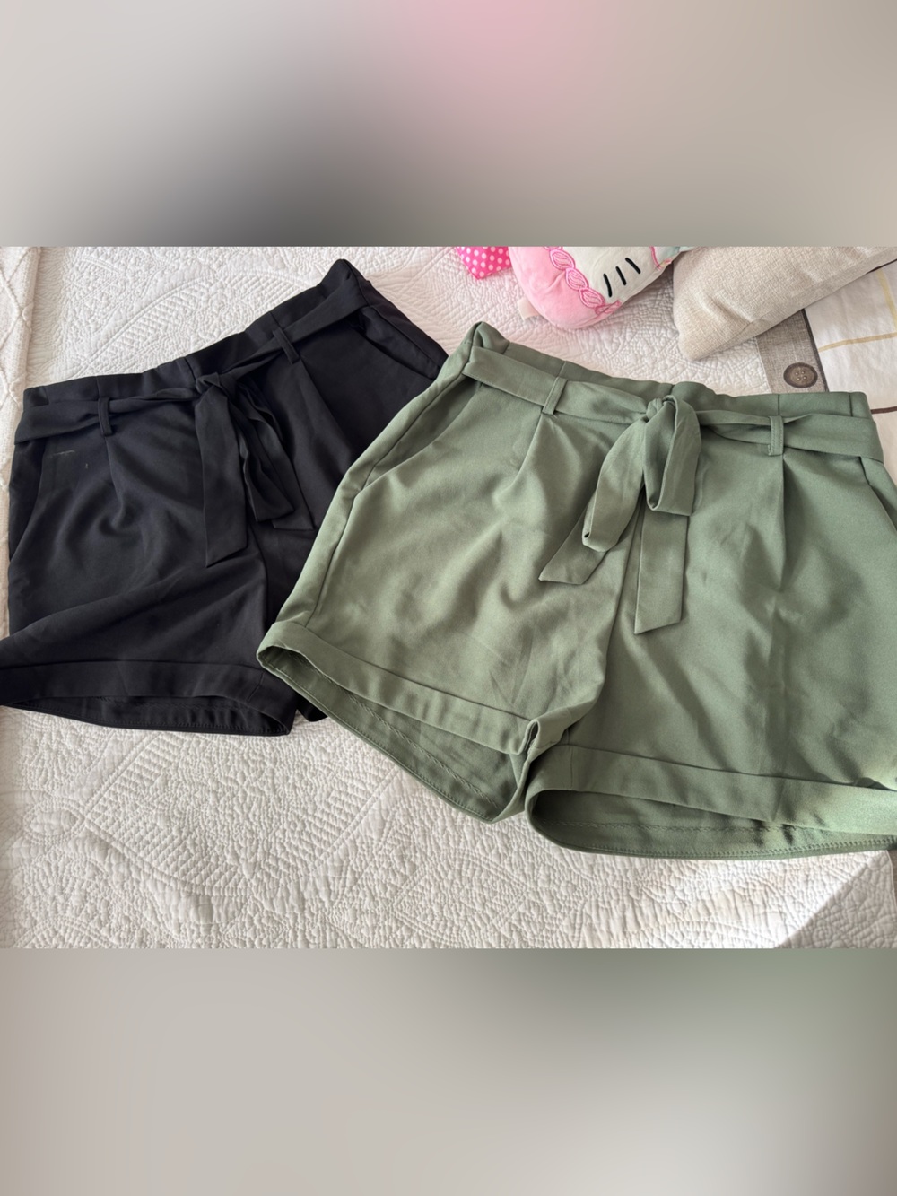 Have Women's High-Waist Tie-Belt Shorts in Black and Olive Green